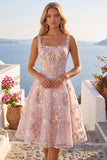 Pink Floral A-Line Sheer Corset Square Neck Graduation Dress