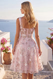 Pink Floral A-Line Sheer Corset Square Neck Graduation Dress