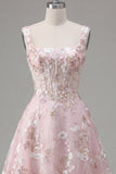 Pink Floral A-Line Sheer Corset Square Neck Graduation Dress