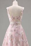 Pink Floral A-Line Sheer Corset Square Neck Graduation Dress
