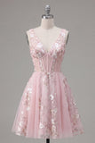 Pink Corset Floral A-Line V-Neck Graduation Dress