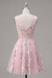 Pink Corset Floral A-Line V-Neck Graduation Dress