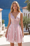 Pink Corset Floral A-Line V-Neck Graduation Dress