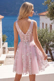 Pink Corset Floral A-Line V-Neck Graduation Dress