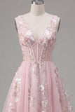 Pink Corset Floral A-Line V-Neck Graduation Dress
