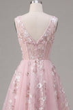 Pink Corset Floral A-Line V-Neck Graduation Dress
