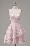 Pink A-Line Corset Floral Graduation Dress with Ruffles