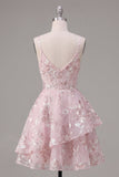 Pink A-Line Corset Floral Graduation Dress with Ruffles