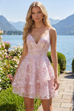 Pink A-Line Corset Floral Graduation Dress with Ruffles
