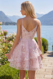 Pink A-Line Corset Floral Graduation Dress with Ruffles