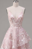 Pink A-Line Corset Floral Graduation Dress with Ruffles