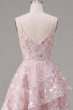 Pink A-Line Corset Floral Graduation Dress with Ruffles