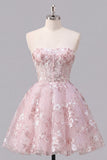 Strapless Floral A-Line Pink Corset Graduation Dress
