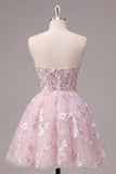 Strapless Floral A-Line Pink Corset Graduation Dress