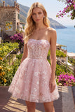 Strapless Floral A-Line Pink Corset Graduation Dress