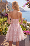 Strapless Floral A-Line Pink Corset Graduation Dress