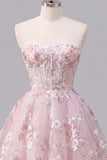 Strapless Floral A-Line Pink Corset Graduation Dress