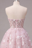 Strapless Floral A-Line Pink Corset Graduation Dress
