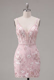 Pink Bodycon Corset Floral Spaghetti Straps Graduation Dress