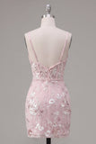 Pink Bodycon Corset Floral Spaghetti Straps Graduation Dress