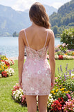 Pink Bodycon Corset Floral Spaghetti Straps Graduation Dress