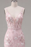 Pink Bodycon Corset Floral Spaghetti Straps Graduation Dress