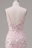 Pink Bodycon Corset Floral Spaghetti Straps Graduation Dress