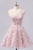 One Shoulder Pink A-Line Floral Corset Graduation Dress