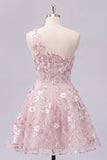 One Shoulder Pink A-Line Floral Corset Graduation Dress