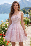 One Shoulder Pink A-Line Floral Corset Graduation Dress