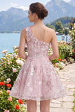 One Shoulder Pink A-Line Floral Corset Graduation Dress
