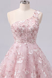 One Shoulder Pink A-Line Floral Corset Graduation Dress