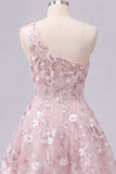 One Shoulder Pink A-Line Floral Corset Graduation Dress