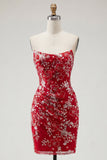 Strapless Red Bodycon Short Sequin Cocktail Dress