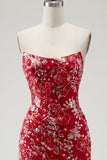 Strapless Red Bodycon Short Sequin Cocktail Dress