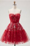 Red Strapless A Line Cute Cocktail Dress with Sequins