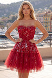 Red Strapless A Line Cute Cocktail Dress with Sequins