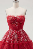 Red Strapless A Line Cute Cocktail Dress with Sequins
