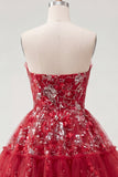 Red Strapless A Line Cute Cocktail Dress with Sequins