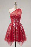 Sparkly Red A Line One Shoulder Cocktail Dress with Sequins