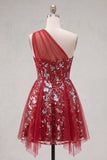 Sparkly Red A Line One Shoulder Cocktail Dress with Sequins