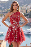 Sparkly Red A Line One Shoulder Cocktail Dress with Sequins