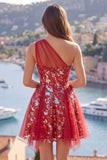 Sparkly Red A Line One Shoulder Cocktail Dress with Sequins