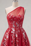 Sparkly Red A Line One Shoulder Cocktail Dress with Sequins