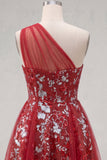 Sparkly Red A Line One Shoulder Cocktail Dress with Sequins