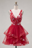 Red Cut Out A Line Sequin Short Cocktail Dress with Ruffles