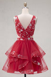 Red Cut Out A Line Sequin Short Cocktail Dress with Ruffles