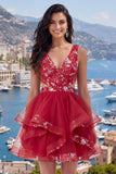 Red Cut Out A Line Sequin Short Cocktail Dress with Ruffles