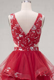 Red Cut Out A Line Sequin Short Cocktail Dress with Ruffles