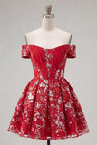 Off The Shoulder Red A Line Short Cocktail Dress with Sequins